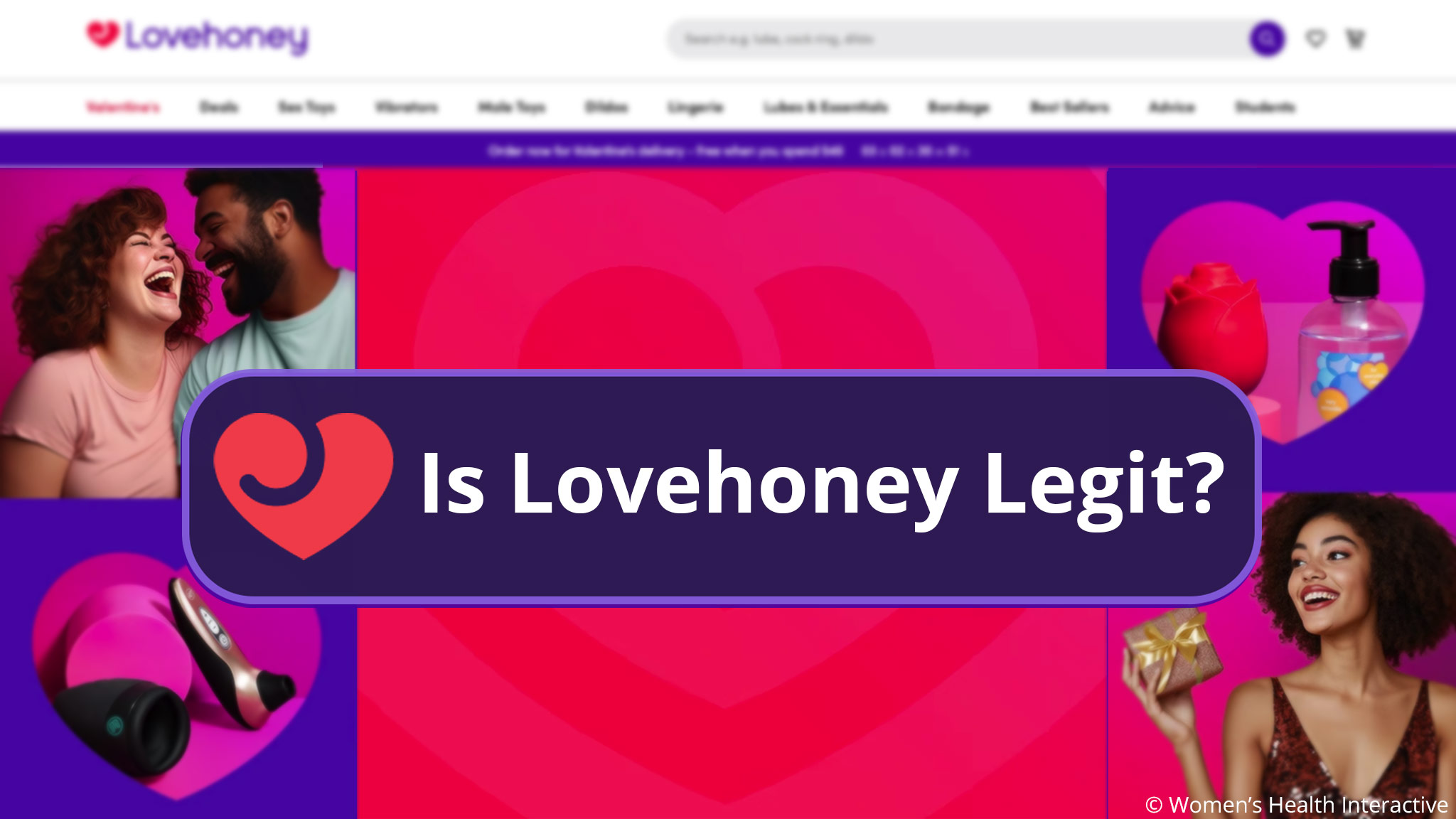 screenshot of lovehoney's website display blurred in the background with a dark purple label in the center featuring lovehoney's bright pink heart logo and the text: is lovehoney legit