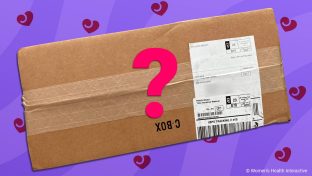 aerial view of sealed brown box with unassuming shipping label against purple swirl background with lovehoney logo hearts and a giant question mark