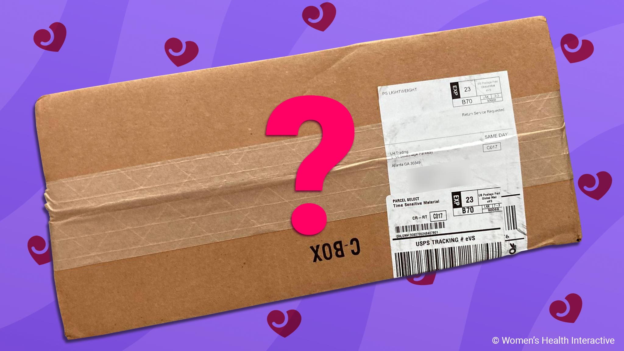 aerial view of sealed brown box with unassuming shipping label against purple swirl background with lovehoney logo hearts and a giant question mark