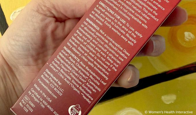 close up view of the ingredient label on the back of the foria juicy pure box