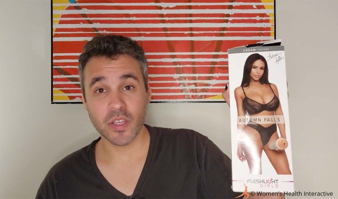 photograph of justin holding the autumn falls cream fleshlight box in awe of her beauty