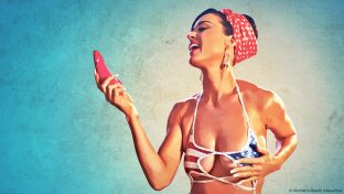 pin-up illustration of katy perry holding a pink womanizer 2 clit sucking vibrator