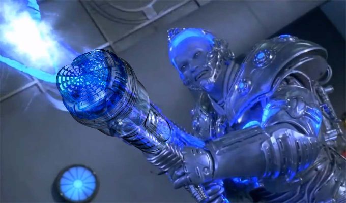 funny photoshopped image of mr. freeze from a movie shooting a bright blue ray gun with the clear transparent fleshlight turbo core superimposed over the gun barrel