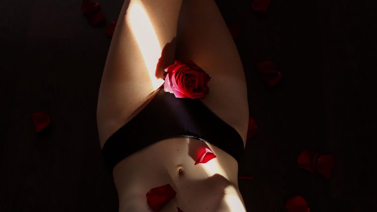 aerial view of woman's midriff with rose petals on abdomen and a rose over her crotch