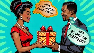 pop art illustration of a woman accepting a gift from a man, she's hoping it's not another scented candle and he's hoping that she like the panty vibrator that's inside