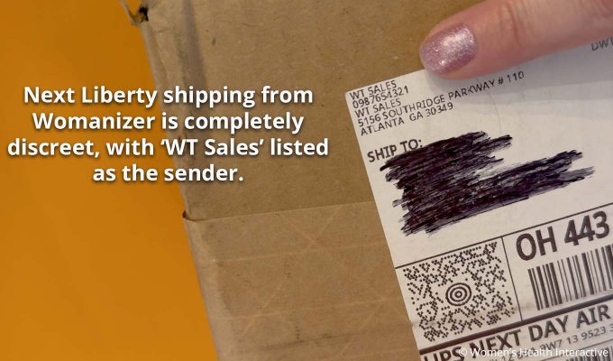 closeup view of the shipping label on the box from womanizer after purchasing the next liberty