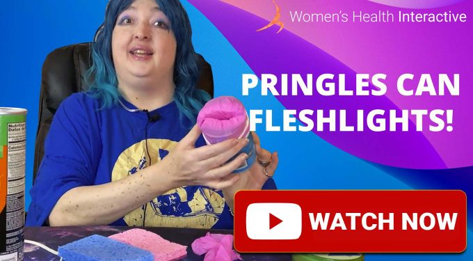 screenshot from video of team member wednesday making a fleshlight, stroker, or masturbator from a pringles can with a watch now play button in the corner