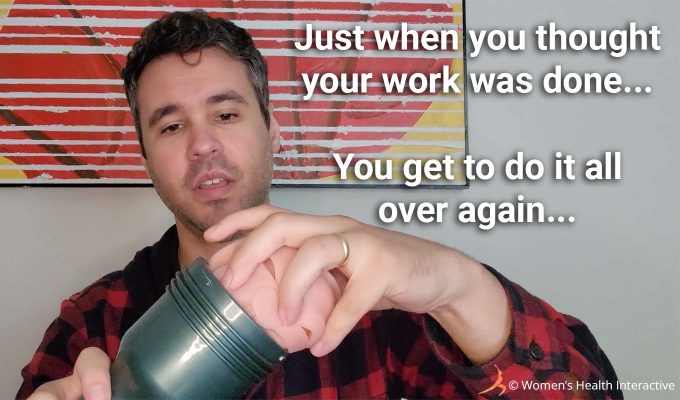 photograph of product tester justin pulling out the fleshlight vibro lady sleeve from its case with text overlay that reads: just when you thought your work was done, you get to do it all over again