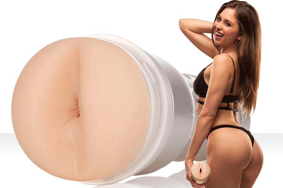 photograph of the riley reid euphoria fleshlight with an inset image of the porn star beside it