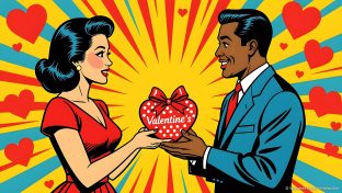 pop-art style illustration of white woman and black man exchanging a heart-shaped romantic valentine's day gift
