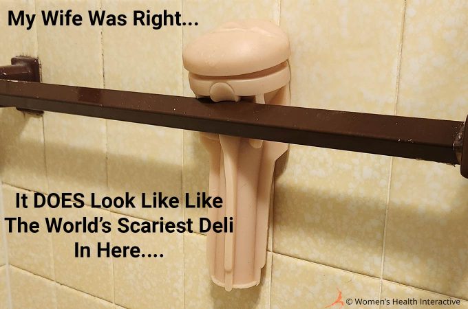 photograph of the riley reid utopia texture sleeve hanging from towel rack to dry with text overlay that reads: my wife was right...it does look like the world's scariest deli in here...