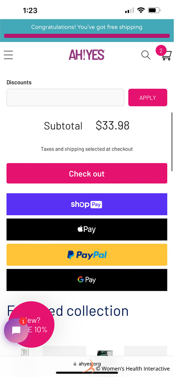 screen shot of mobile view of payment options at ah yes, including shop pay, apple pay, paypal, and google pay