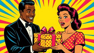 pop art illustration of a man and woman exchanging a gift on their anniversary