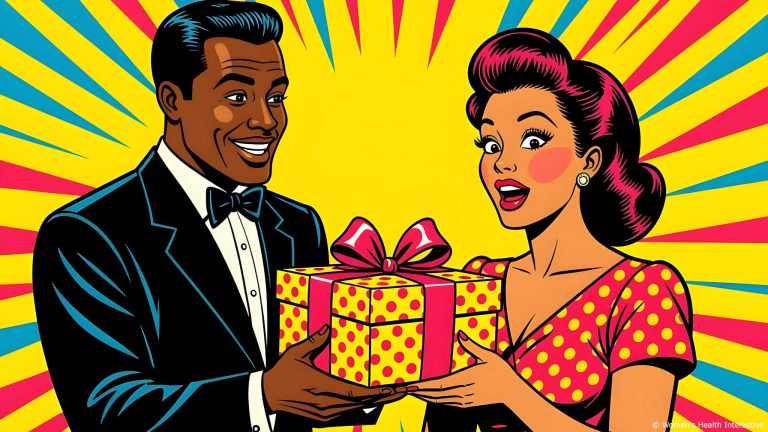 pop art illustration of a man and woman exchanging a gift on their anniversary