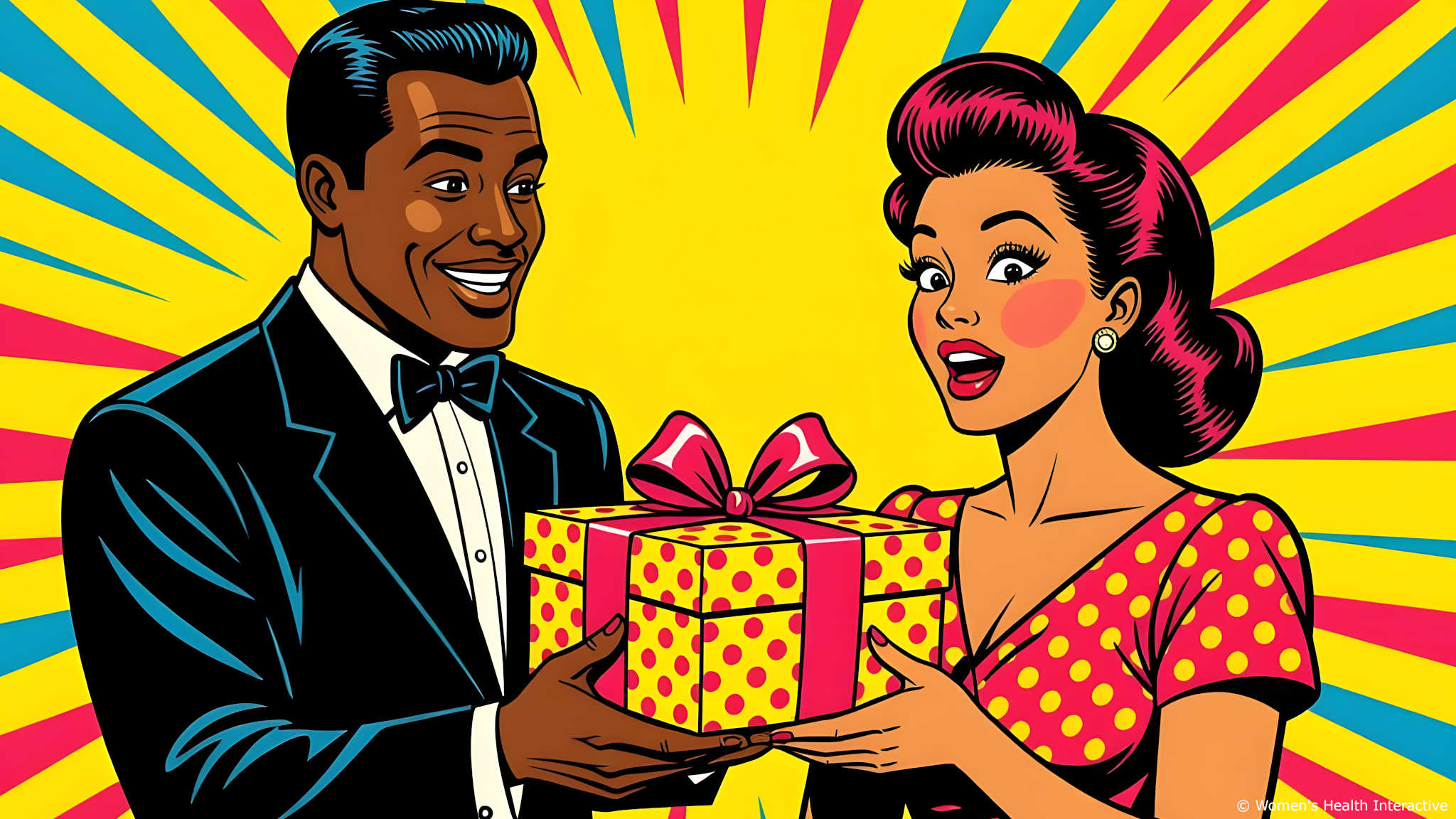 pop art illustration of a man and woman exchanging a gift on their anniversary