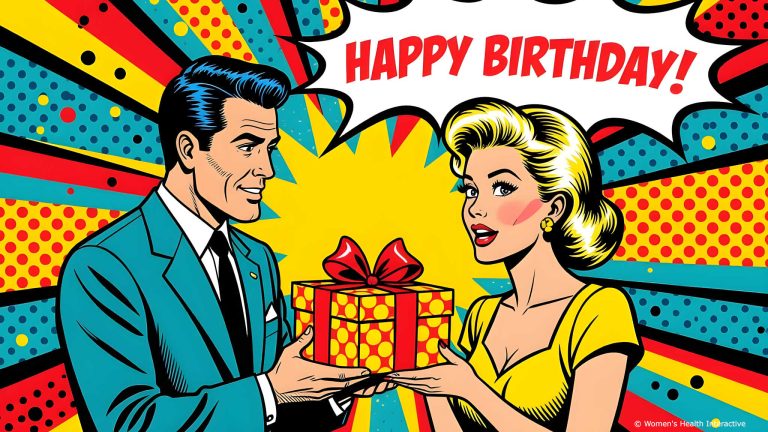 pop art illustration of a man and woman holding a gift between them with text in a speech bubble above that reads happy birthday
