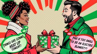 pop art illustration of a woman and man in winter clothing exchanging a christmas gift