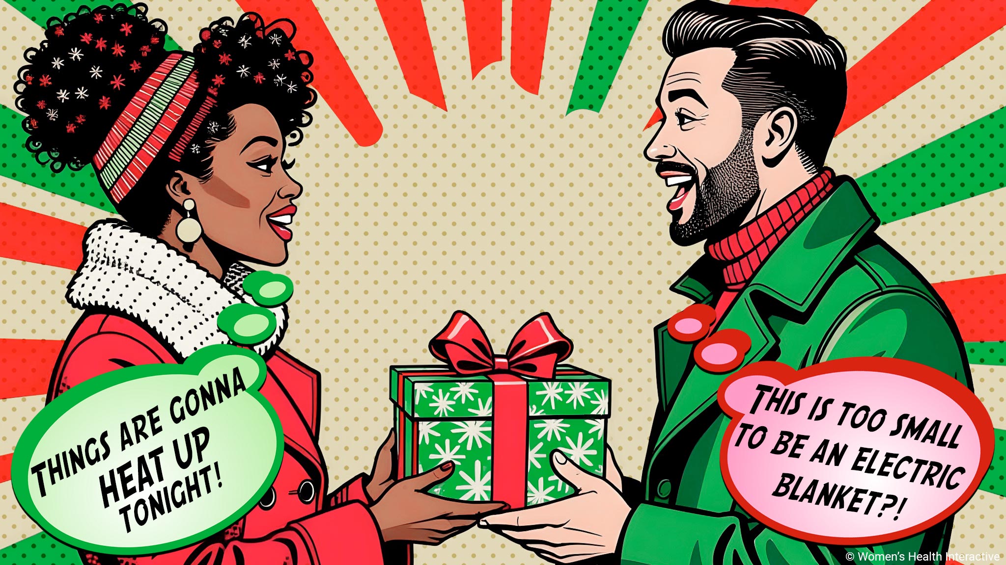 pop art illustration of a woman and man in winter clothing exchanging a christmas gift