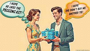 pop art illustration of a woman giving a gift to a man with thought bubbles; hers reads i hope he likes the pegging kit while his reads i hops she didn't get me another tie