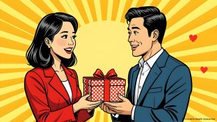 pop-art style illustration of an asian couple exchanging a sexy gift on valentine's day