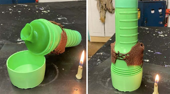 split-screen photograph showing two views of a fleshlight designed to look like shrek, featuring one of the ogre's ear holes as the orifice