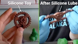 split screen image demonstrating the effect of silicone lube on a silicone sex toy: on the left is an image of a silicone gear in perfect condition, labeled as the example of a silicone toy; on the right is an image of that same silicone gear after soaking in silicone personal lubricant, with gloved hands stretching it to more than twice its size and showing signs of serious degradation