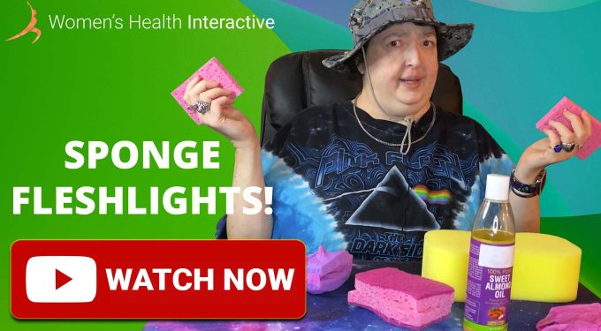 screenshot from video of team member wednesday making a fleshlight, stroker, or masturbator from sponges with a watch now play button in the corner