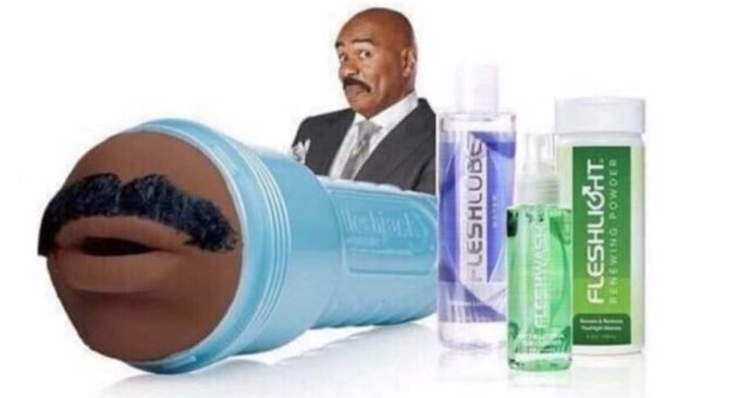 photoshopped image of a light blue fleshlight case featuring an orifice that looks like steve harvey's mustachioed mouth with bottles of fleshlight lube and cleaner to the right
