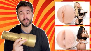 collage image featuring product tester justin holding the gold stu butt case in his hand with inset images of two other top picks, kenzie reeves creampuff and violet myers ahegao on the right, with all three being named among the tightest and most intense fleshlights