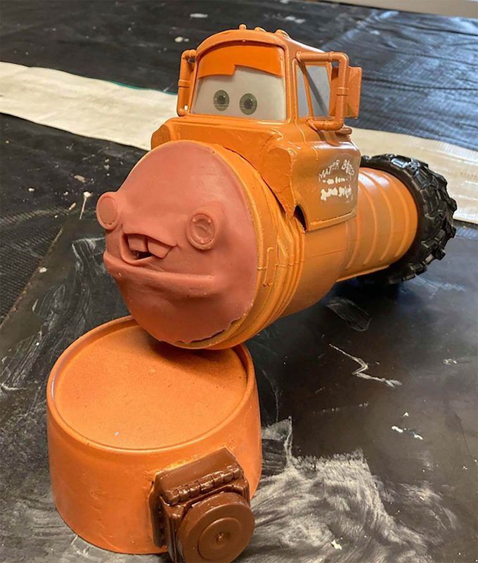photograph of a handmade fleshlight designed to look like tow mater from the cars movie franchise