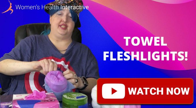 screenshot from video of team member wednesday making a fleshlight, stroker, or masturbator from a towel with a watch now play button in the corner