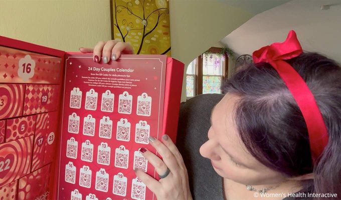 product tester alison looking inside the 2026 lovehoney couple's calendar