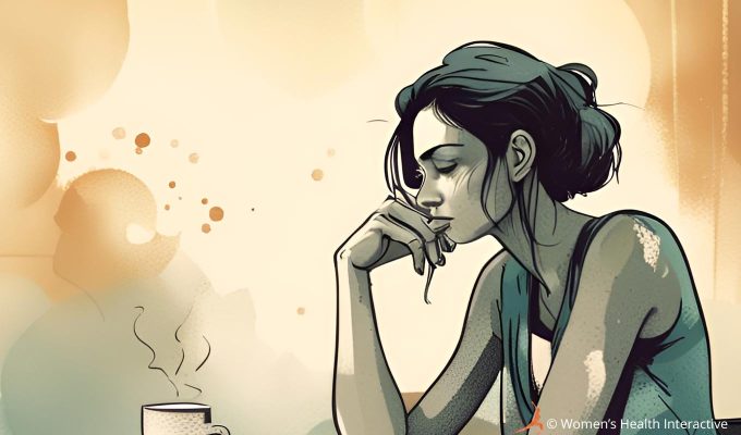inky side view illustration of a contemplative woman with her chin leaning on her hand while smelling the odor from a cup of coffee on the table before her