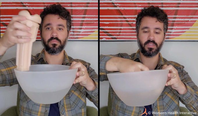 two-panel photograph of product tester justin placing a fleshlight sleeve into a plastic bowl of warm water as part of a demonstration on how to use it to warm a fleshlight or pocket pussy sleeve