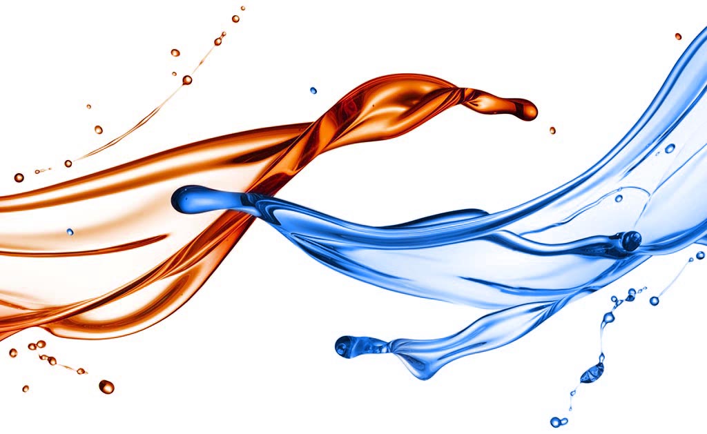 Image Of Reddish-Orange And Blue Liquid Streams Colliding Together, Hot And Cold Concept