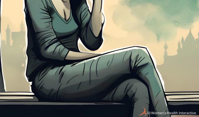 inky illustration of a woman seated on a park bench from shoulder to mid calf, her legs crossed as though hiding the smell of her vagina from the world