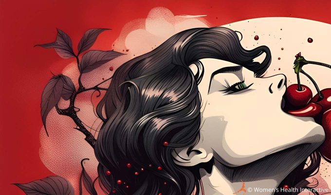 inky illustration of a beautiful woman with her head tipped upward, a cherry resting against her tongue, clit sucking and oral sex on a vulva concept