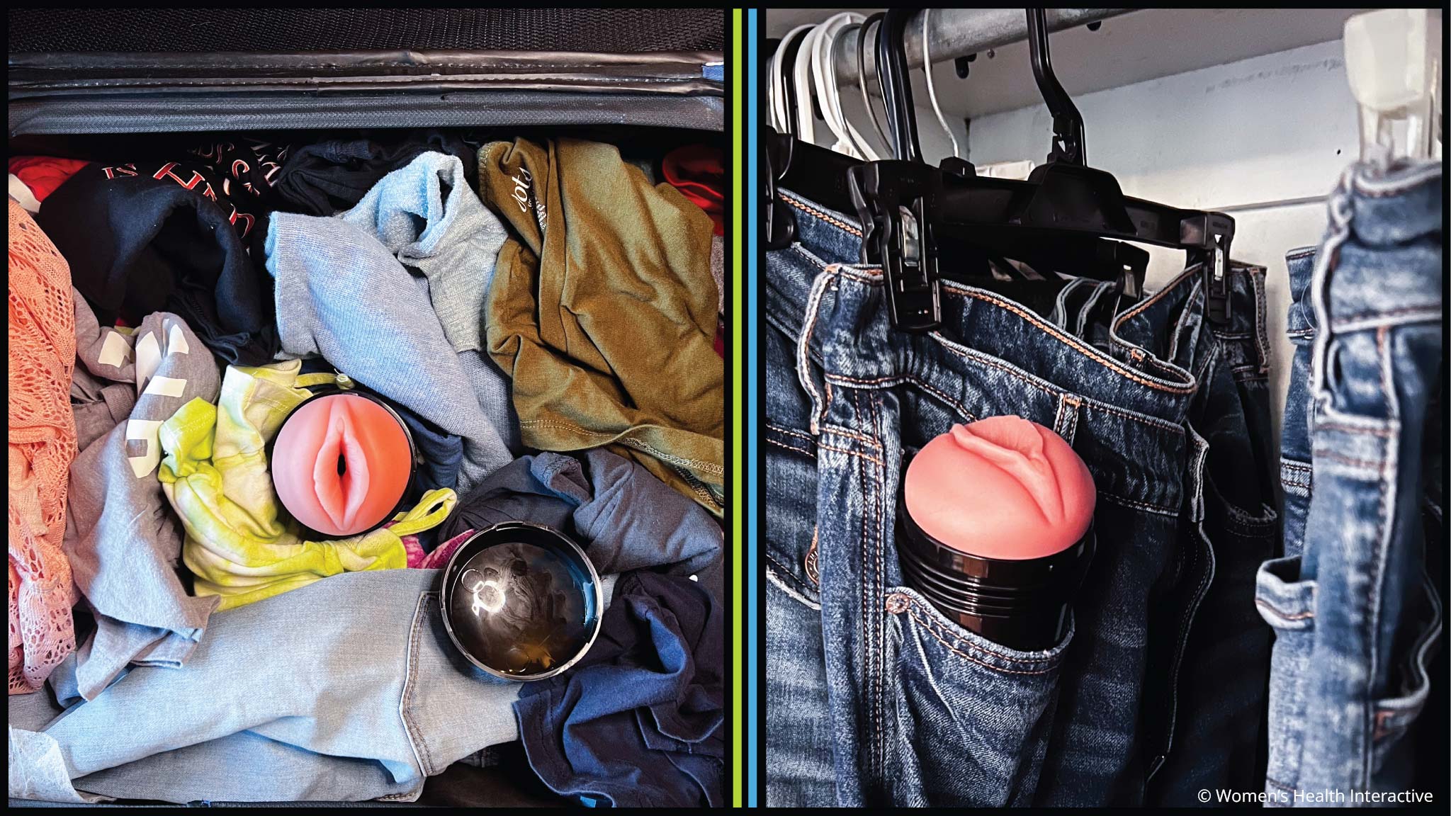 split screen featuring two aerial photographs of fleshlights being hidden: in luggage on the left and in a jeans pocket hanging in the closet on the right